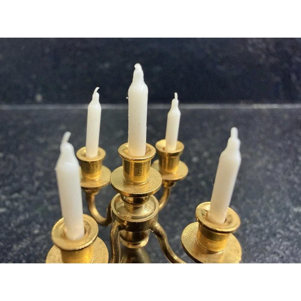 Vintage Solid Brass Dollhouse Miniature 5 Arm Candelabra Real Wax Candles 2
